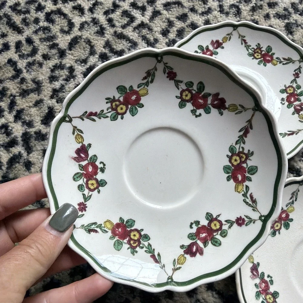 Royal Doulton SAUCER Set of‎ 3 Floral Green Border Octagonal England VTG D2772
